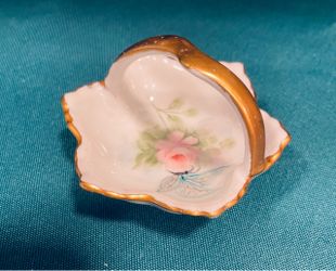 Vintage mini porcelain rose floral basket with gold trim