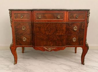 Antique French Louis XV Burl Walnut Marble Top Bombé Commode
