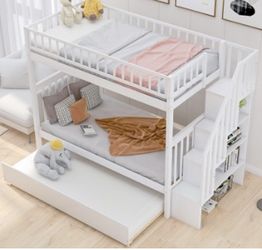 Twin over Twin Wood Bunk Bed with Trundle and Storage Ladder Bed Frame BS