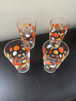Libby Vintage Orange, Yellow and White Polka Dotted Glasses(Set of 4)