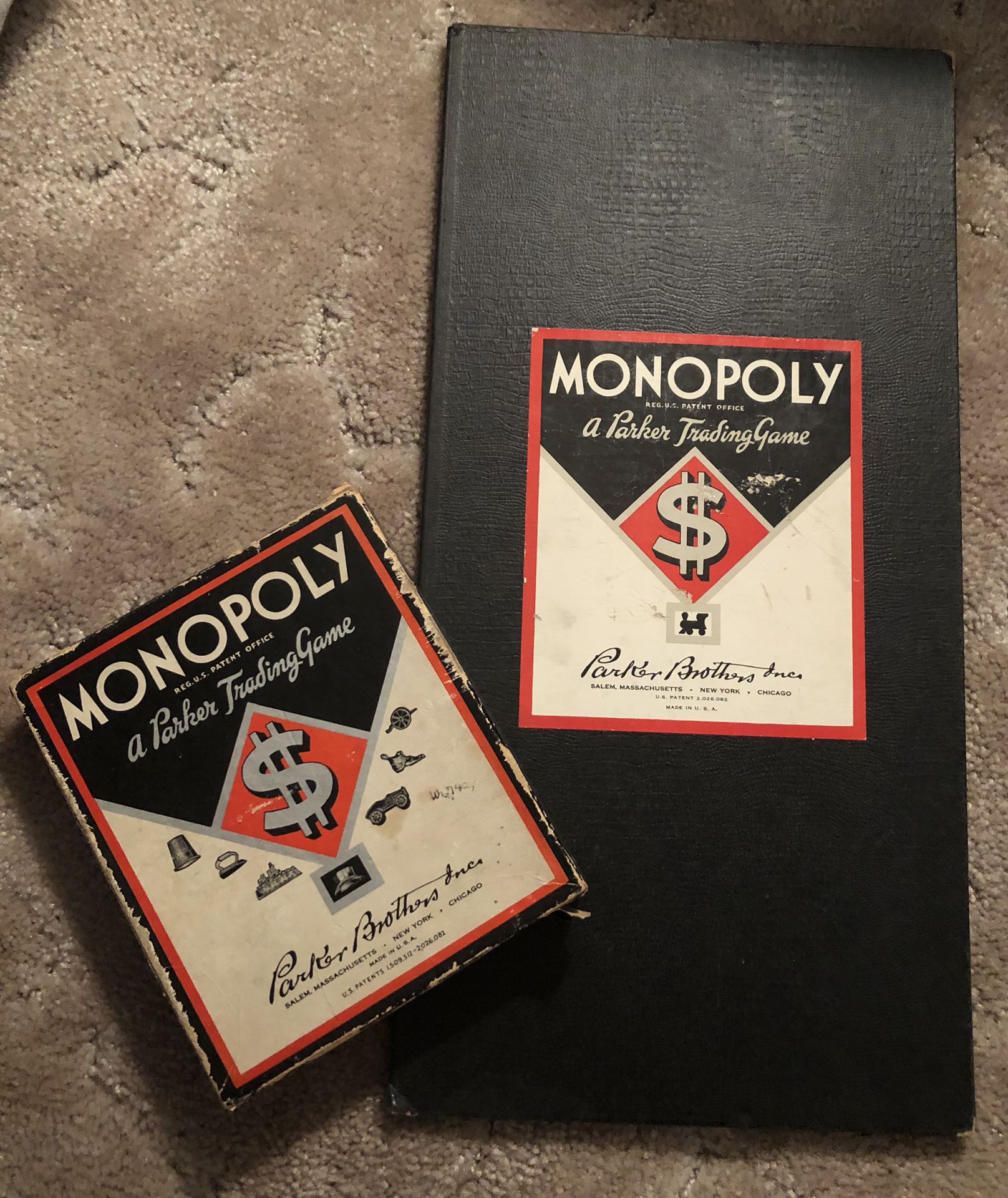 PARKER MONOPOLY GAME EARLY VERSION 1937-1949 JUNIOR BLACK BOX & BOARD 7 TOKENS