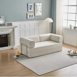 Modern Multi-Functional 3-Seater Corduroy Sofa Bed with Versatile Layouts, Off-White