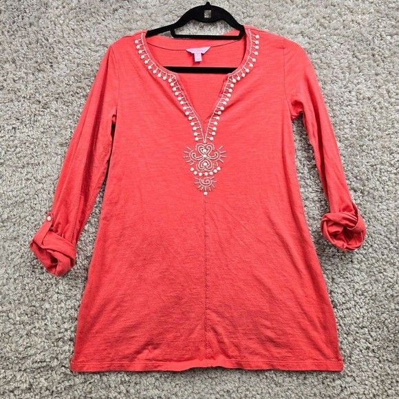 Lilly Pulitzer Tunic Womens Small Pink Beaded Pullover Roll Tab Resort READ