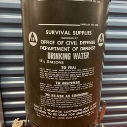 17.5 Gallon Empty Metal Barrel Labeled Civil Defense Department Drinking Water