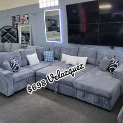 ✅️✅️Dark grey corduroy fabric sectional sofa with storage chaise and love seat and pop up sleep area in center USB charging✅️
