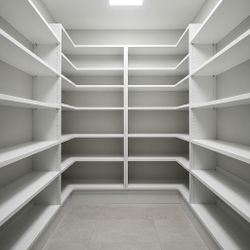 Pantry, White Color with Large Wrap Around Shelving to Maximize Your Pantry Space. Everything is adjustable.