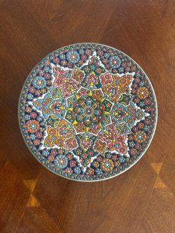 Decorative Plate Features Intricate Persian Minakari Art. Hand Crafted Ceramic. Ideal for Display as Wall Art, on a Stand, or as a Center Piece