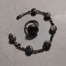 925 Silver Blue Evil Eye Bracelet And Ring Bracelet Lent 7 And 1/2 Ring Size 7 Used
