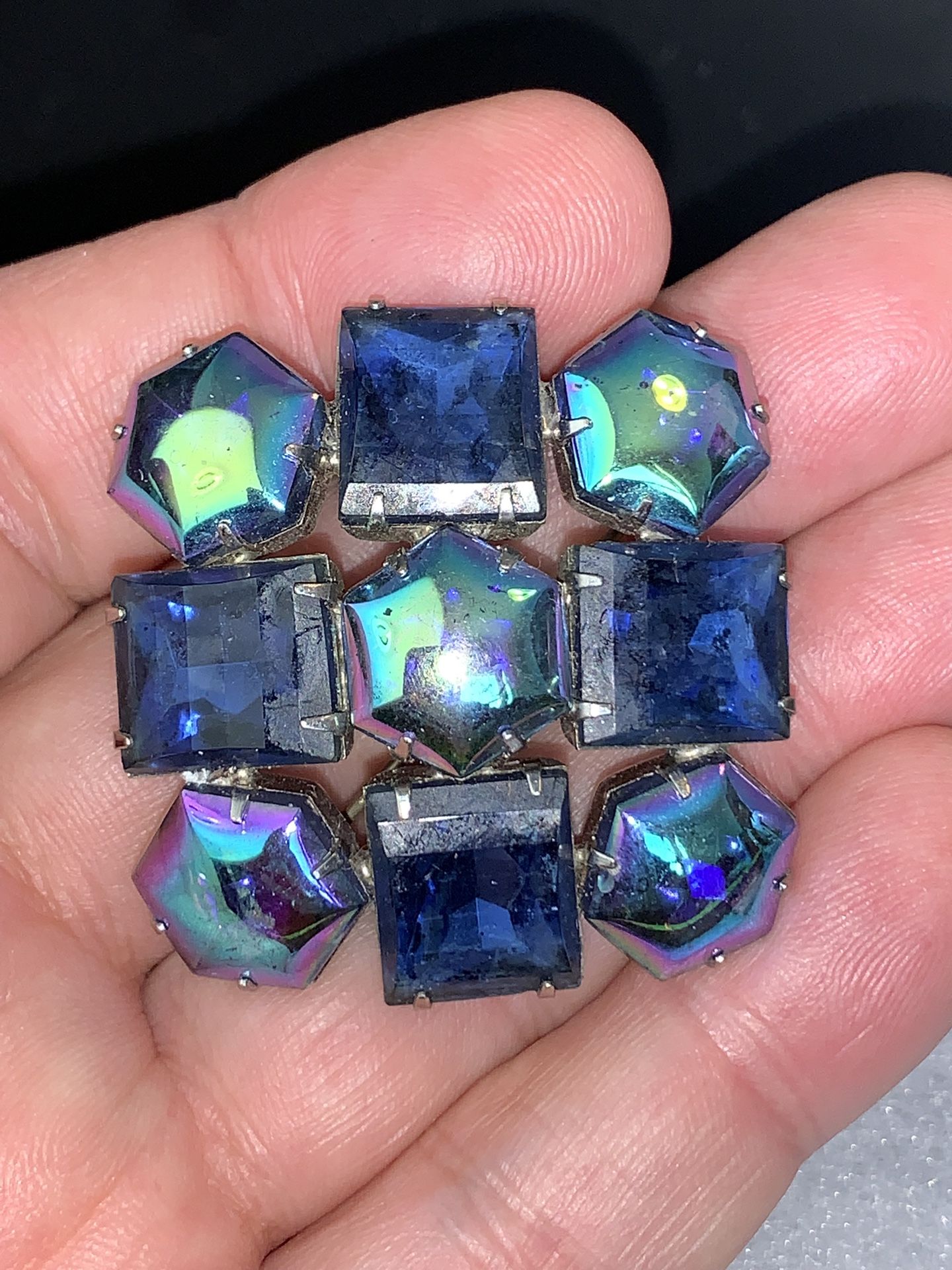 Square Blue Rhinestone & Hexagon Iridescent Glass Brooch Vintage Pinback Jewelry