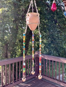 Pottery Cauldron Terra Cota Jar, Stained Glass Beads & Pentagram Bells Wind Chime Sun Catcher Mobile