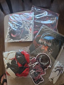 Venom Party supplies backdrop banner streamers ballons cake and cupcake toppers hemet