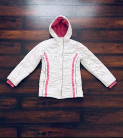 Little Girls Clothes Pumpkin Patch White & Pink Winter Puffer Jacket Fleece Lining Hoodie No Zipper Great For Rain, Snow, And Cold Weather Size 10/12