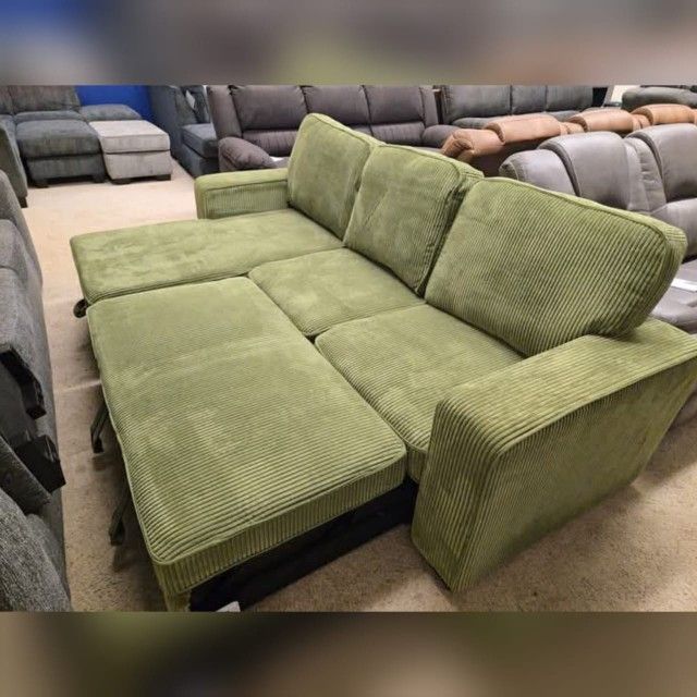 Green Corduroy Sectional Sofa with Pullout Bed