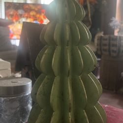 Vintage Wooden Christmas Tree Sculpture – Sage Green with Aged Patina