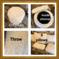 White Fur Ottoman, Throw And 5 Pillows