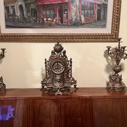 Solid Bronze Antique Clock With 2 Candle Holders