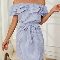Off Shoulder Ruffle Hem Slash Neck Short Dress Strapless Stripe Print Mini Blue