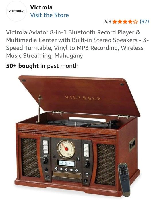 Victrola Navigator 8-in-1 Bluetooth Record Player with Built-in Speakers– 3 Speed Turntable, CD Player, Cassette, FM Radio, USB, RCA Out, Headphone Ja