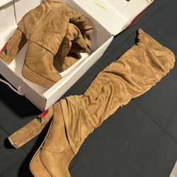 Embroidered Tan Knee-High Boots