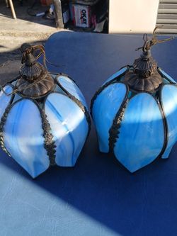 Vintage Slag Glass Swag Pendant Lamps Pair