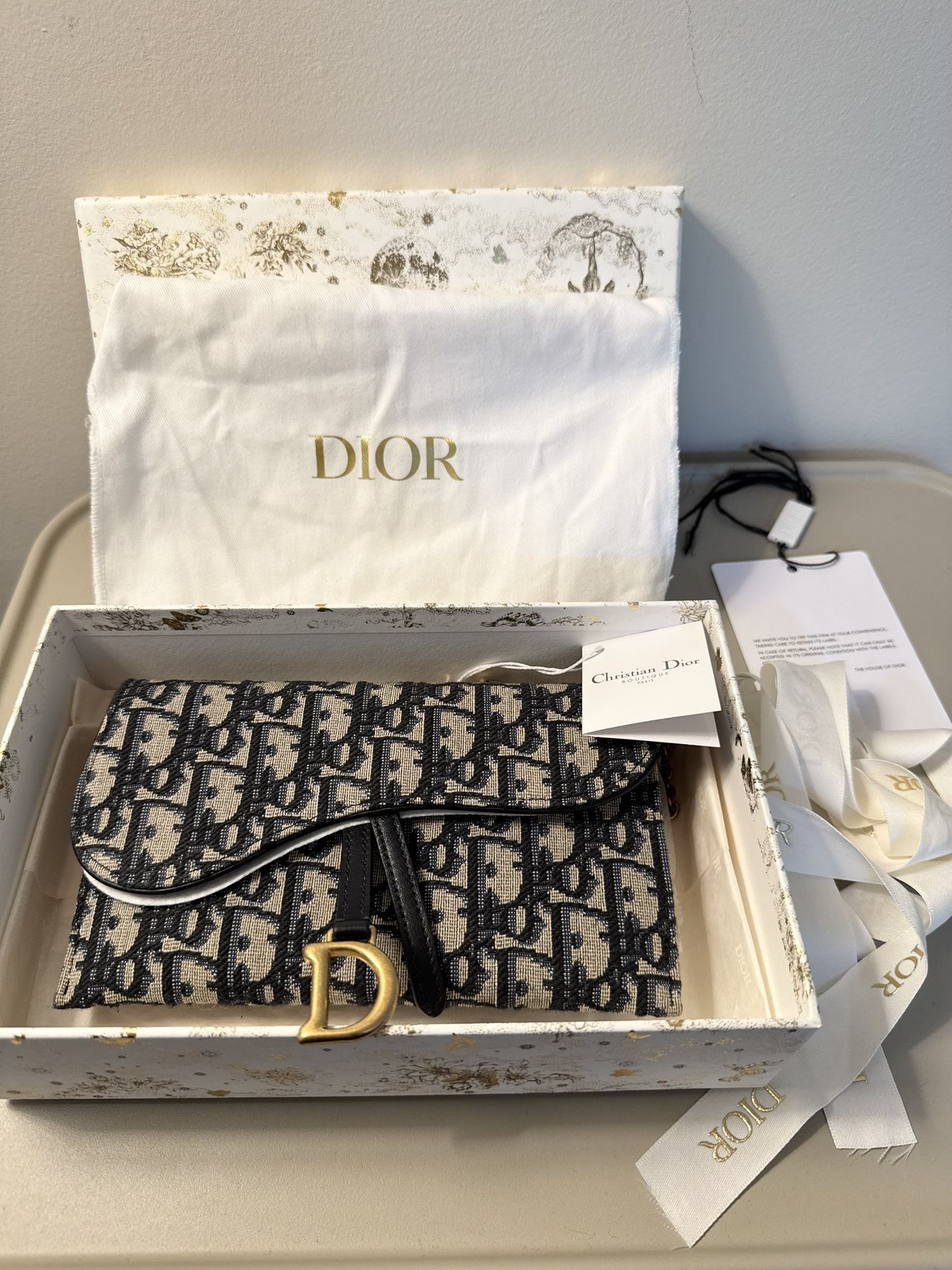 Authentic Dior Small Saddle Pouch with Chain – Blue Dior Oblique Jacquard Brand New