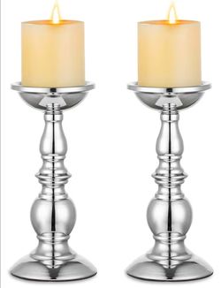 Nuptio Silver Pillar Candle Holders, Wedding Centerpieces Metal Candle Holder for 3 inches Candles Stand Decoration Ideal for Weddings Special Events 