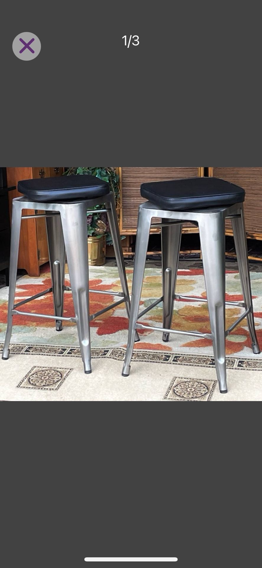 SWIVEL Leather Seats, 2 Industrial / Commercial Bar Stools - 27"H - Excellent condition Fully Welded Steel Frame Backless Tolix-Style Design Nylon G