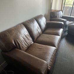 Brown Real Leather Couch, Chair & Ottoman Set
