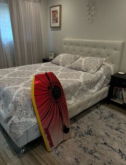 Queen bed with queen mattress, and a spring box