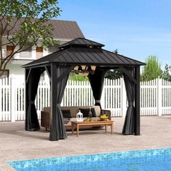 8.5' X 8.5' Outdoor Galvanized Hardtop Gazebo - Aluminum Heavy-Duty Double Roof Vented Gazebo With Breathable Netting & Privacy Curtains For Patio, Po