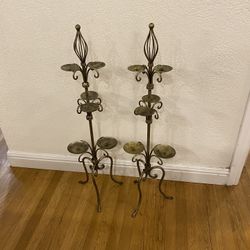 Set Of 2 Twisted Wrought Cast Iron Metal 35” Tall Floor Standing 6 Candle Holder