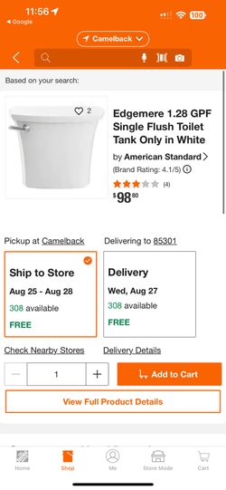 American Standard Edgemere 1.28 Gallon Single Flush Toilet Tank