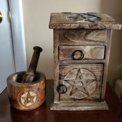 Pentacle Wooden altar chest and matching mortar & pestle