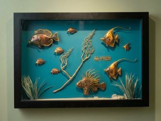 Vintage 1989 Ben Raquinio Signed Hawaii Brutalist Brass Copper Metal Fish Coral Shadowbox Sculpture
