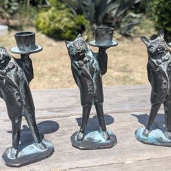 Set of 3 Metal Animal Butler Candle Holders – Rabbit, Cat & Pig with Patina