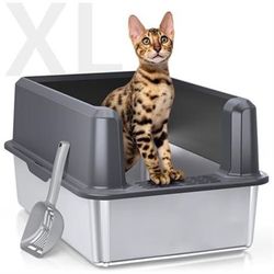 Enclosed Stainless Steel Cat Litter Box with Lid, XL Extra Large Litter Box for Big Cats, Metal Litter Pan High Sided, Never Absorbs Odors, Anti-Urine