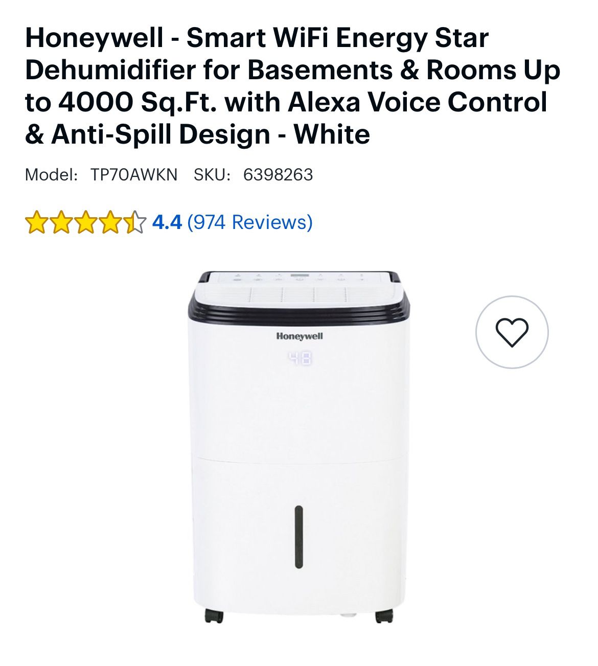 Honeywell - Smart WiFi Energy Star Dehumidifier for Basements & Rooms Up to 4000 Sq.Ft. with Alexa Voice Control & Anti-Spill Design - White 