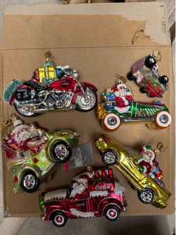 Radko 5 ornaments Santa in cars and one motorcycle