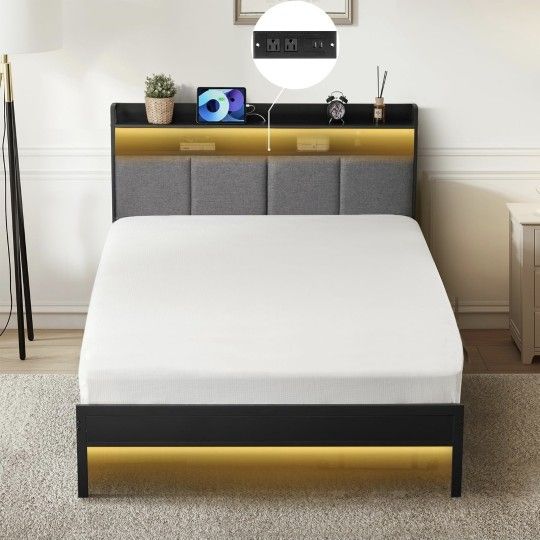 Twin Bed Frames, Upholstered Upgraded Metal Bed Frame with LED Lights Headboard & Footboard, Bed Furniture with Charging Station Ports & Storage Shelv