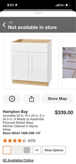 30” Hampton Bay Avondale Shaker Base Cabinet – Alpine White – New