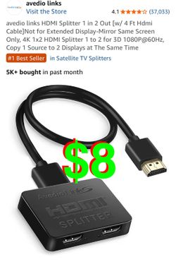 HDMI Splitter 1 in 2 Out [w/ 4 Ft Hdmi Cable]Not for Extended Display-Mirror Same Screen Only, 4K 1x2 HDMI Splitter 1 to 2 for 3D 1080P@60Hz, Copy 1 S