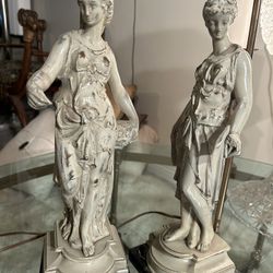 Pair of Grecian metal lamps  on marble base. 