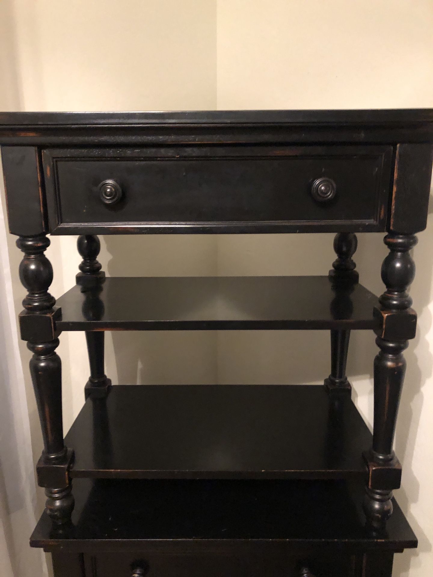 2 Tables Shelves Black & rubbed Copper Finish Heavy Designer Home Staging