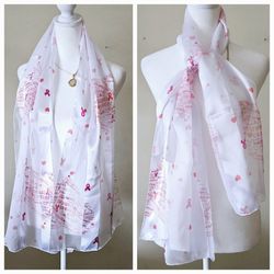 58"×13" White & Pink Breast Cancer Awareness Scarf with Hearts and Awareness Ribbons Design Pattern Silk Feel 100% Polyester Unisex Scarf. See Through