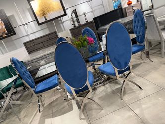 Gorgeous Dining Set With Blue Velvet Chairs