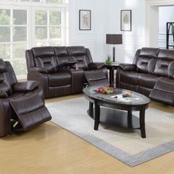 Brown Faux Leather Sofa Set With Manual Recliner  