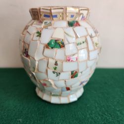 Vintage Mosaic Ginger Jar Vase Glass Art Milk Victorian Floral Pink Tile Decor