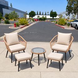 New 5 pcs Outdoor Patio Wicker Chair Ottoman Table Conversation Set