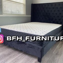 Queen Size Black Wingback Bed With Orthopedic Mattress Included 