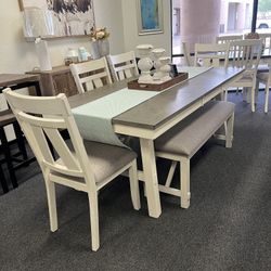 White And Grey Wooden Dining Table With 4 Chairs And Bench 